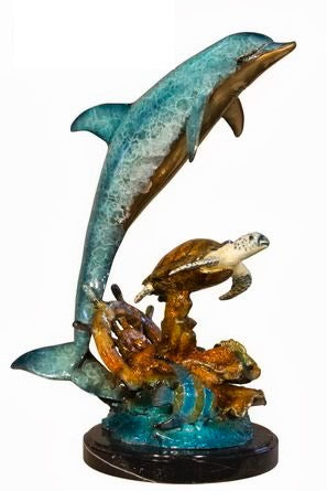 Bronze Dolphin with Marine Turtle Sculpture