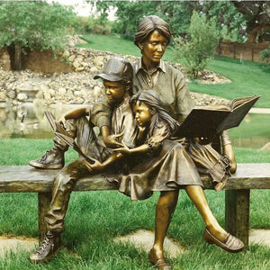Bronze Reading Mother with Boy and Girl on Bench Statue