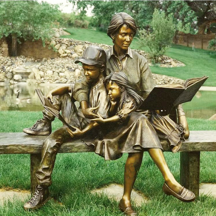 Bronze Reading Mother with Boy and Girl on Bench Statue