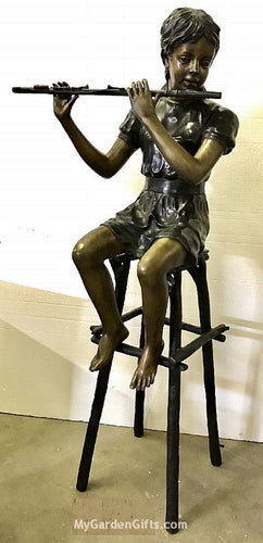 Young Girl Playing Flute and Sitting on Chair - Bronze Sculpture