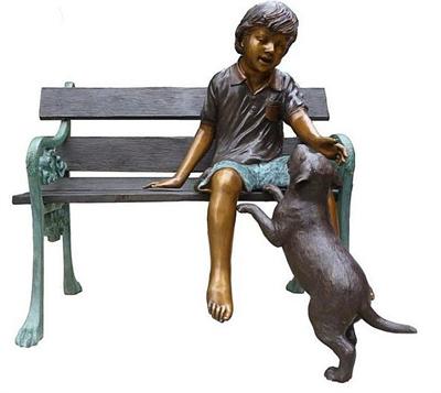 Boy on a Bench with Dog by His Side Bronze Sculpture