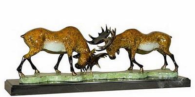 Male Fighting Moose on Marble Base