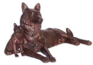 Lying Down Mother Wolf and Pup Bronze Sculpture