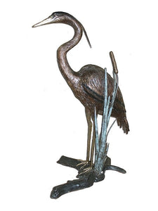 Heron Sculpture by a Cattail - Bronze Sculpture