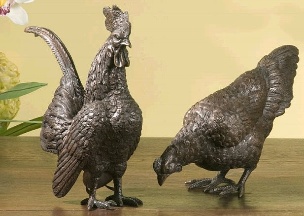 Set of 2 - Rooster and Hen Sculptures in Bronze