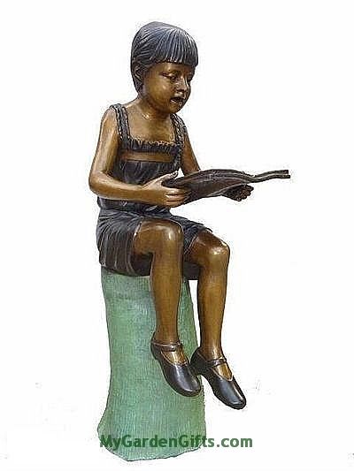 Reading Girl Sitting on a Log Bronze Sculpture