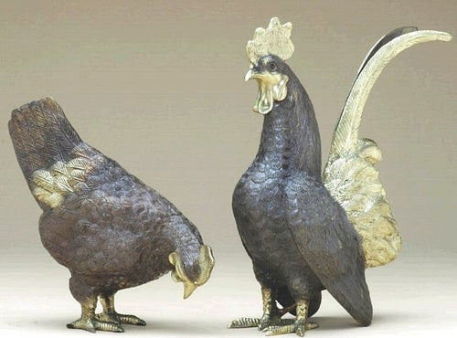 Set of Bronze Rooster and Hen Sculptures