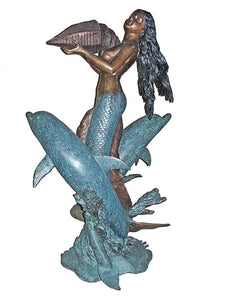 Life Size Mermaid Fountain Sculpture with Shell and Dolphins