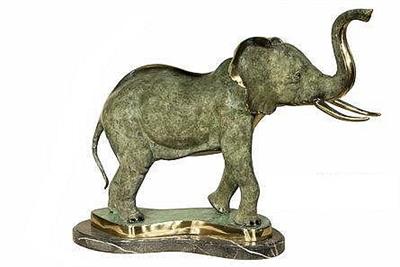 Bronze Elephant with Raised Trunk on Marble Base