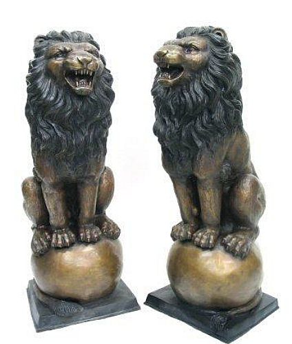 Majestic Lions on Balls Bronze Sculptures Set