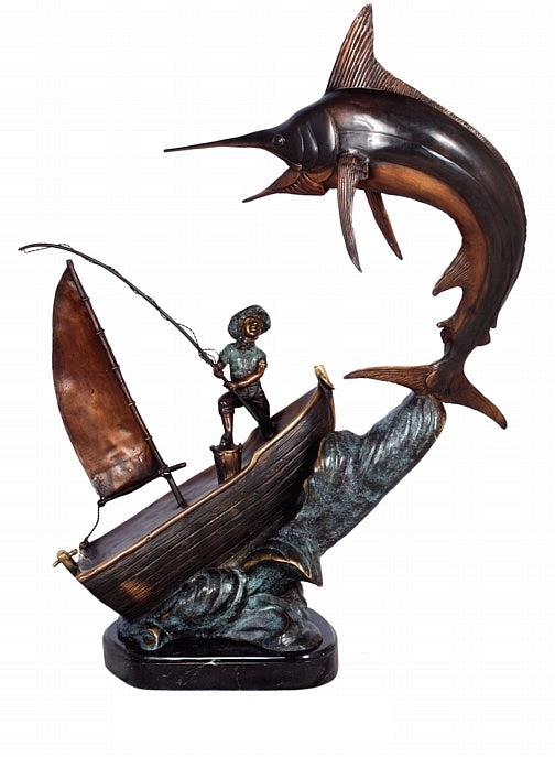 Bronze Marlin Fish Sculpture with Fisherman –